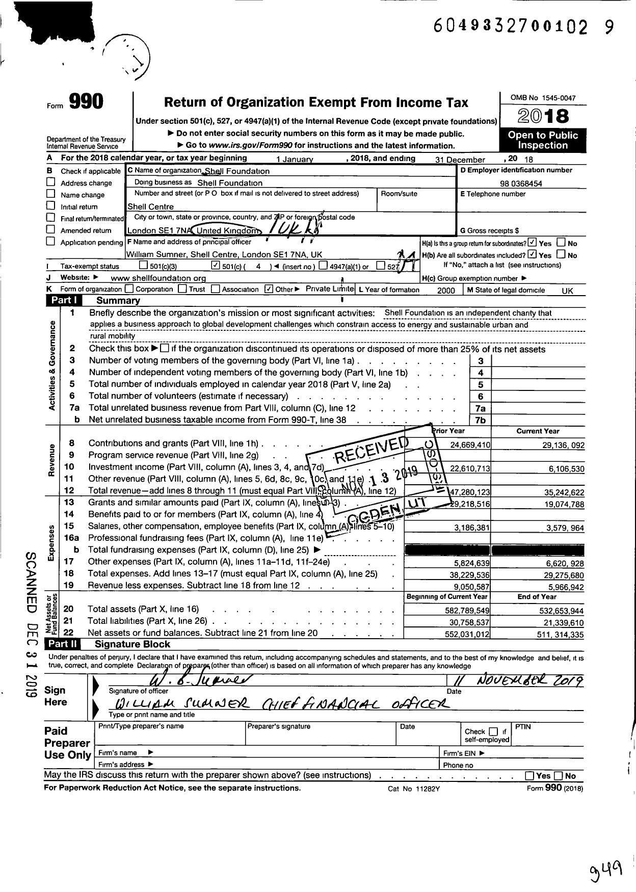 Image of first page of 2018 Form 990O for Shell Foundation