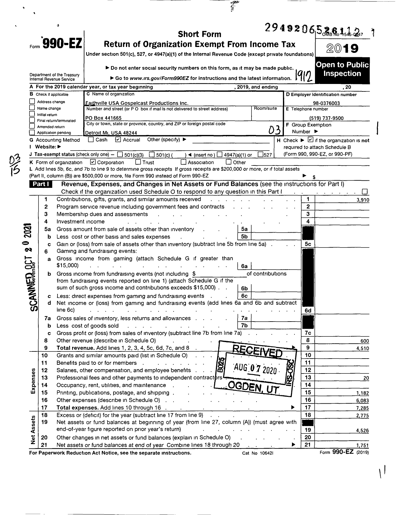 Image of first page of 2019 Form 990EZ for Faithville USA Gospelcast Productions