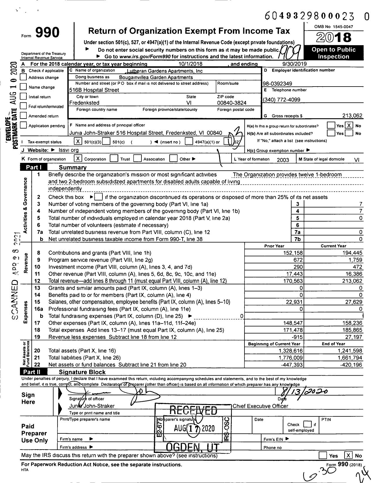 Image of first page of 2018 Form 990 for Bougainvillea Gardens Apartments