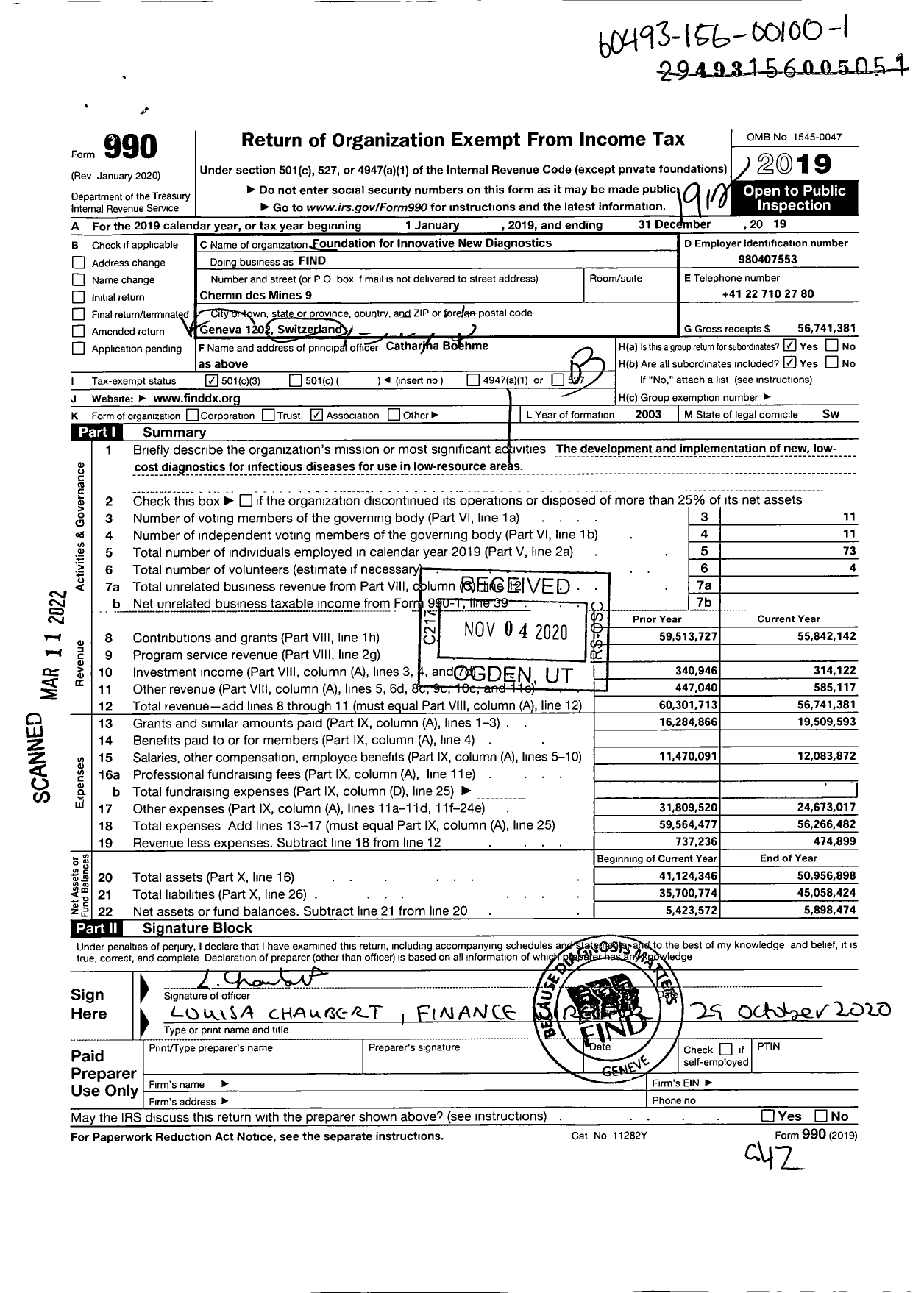 Image of first page of 2019 Form 990 for Foundation for Innovative New Diagnostics (FIND)