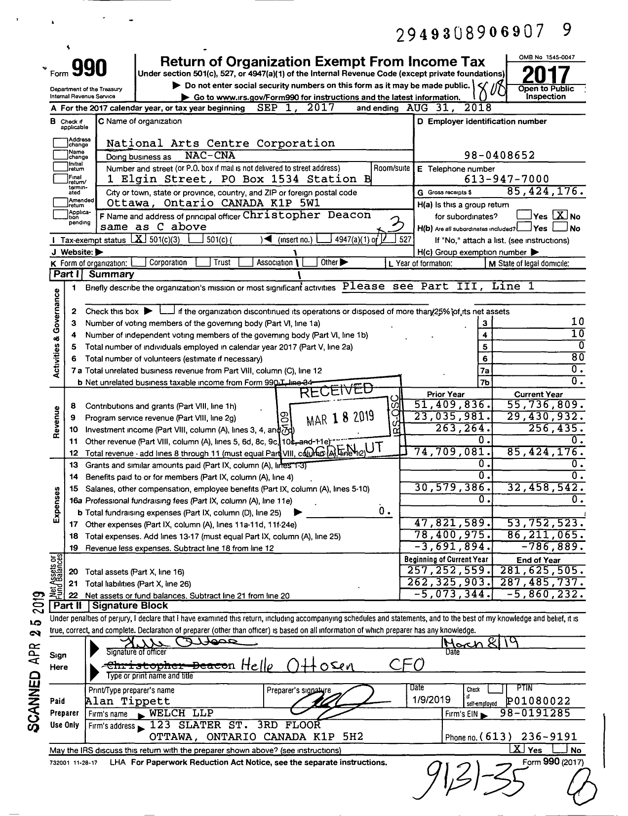 Image of first page of 2017 Form 990 for National Arts Centre Corporation