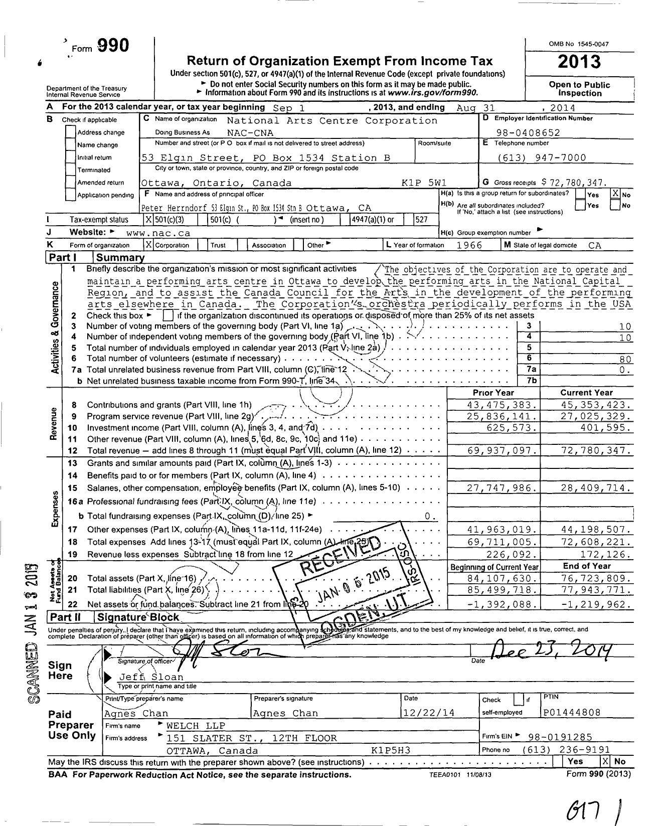 Image of first page of 2013 Form 990 for National Arts Centre Corporation