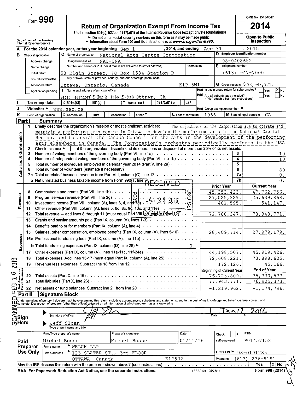 Image of first page of 2014 Form 990 for National Arts Centre Corporation