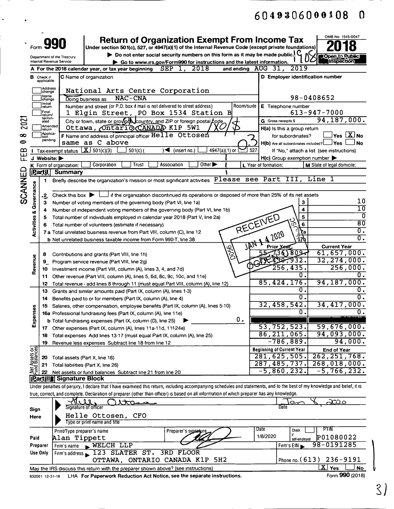 Image of first page of 2018 Form 990 for National Arts Centre Corporation