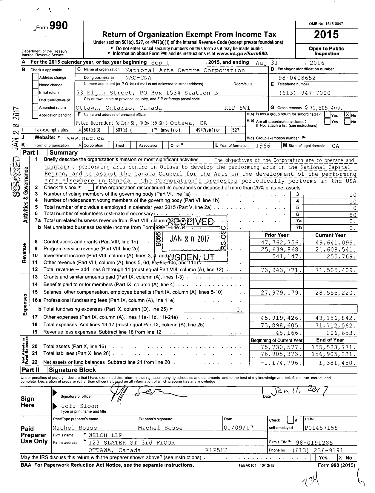 Image of first page of 2015 Form 990 for National Arts Centre Corporation