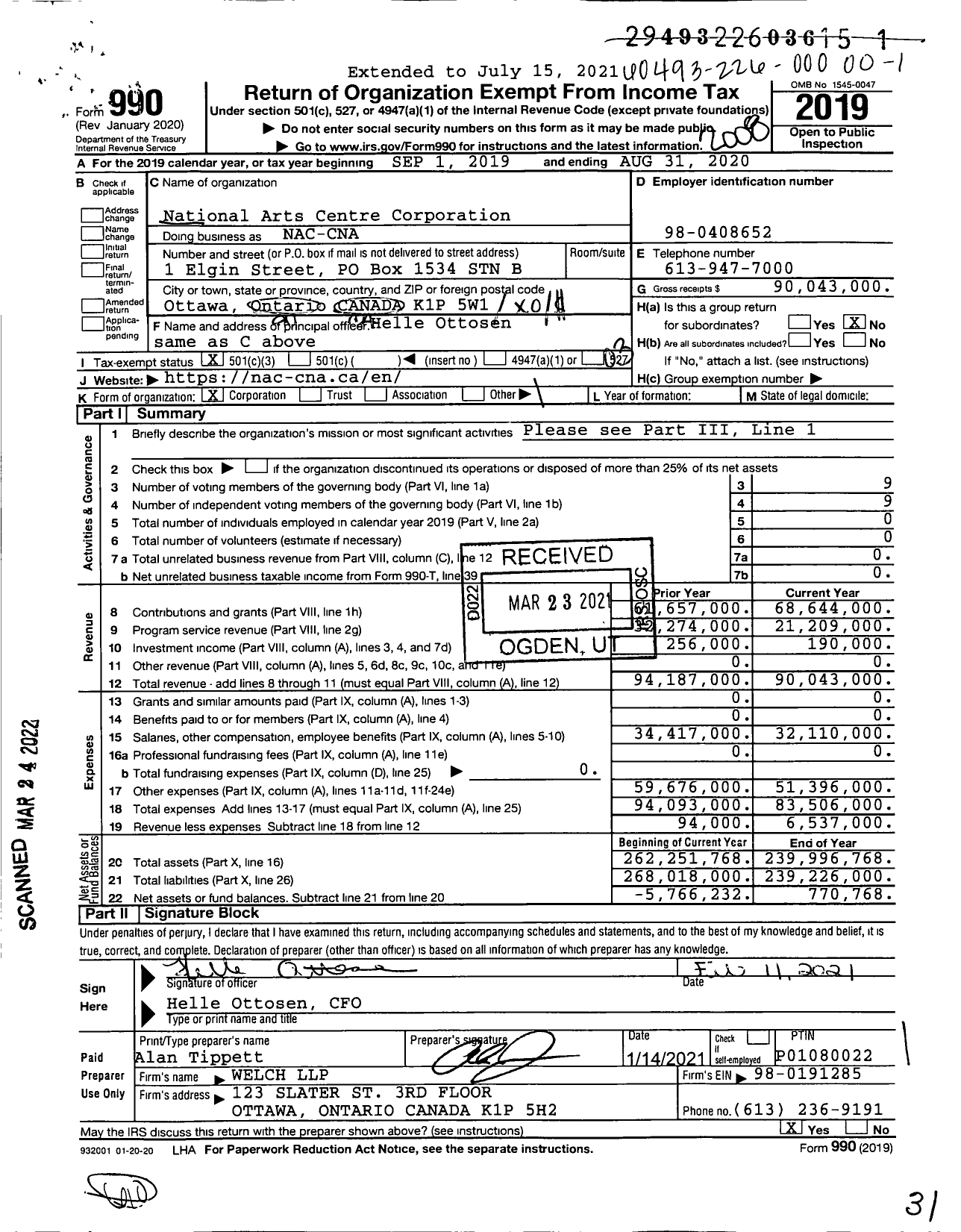 Image of first page of 2019 Form 990 for National Arts Centre Corporation