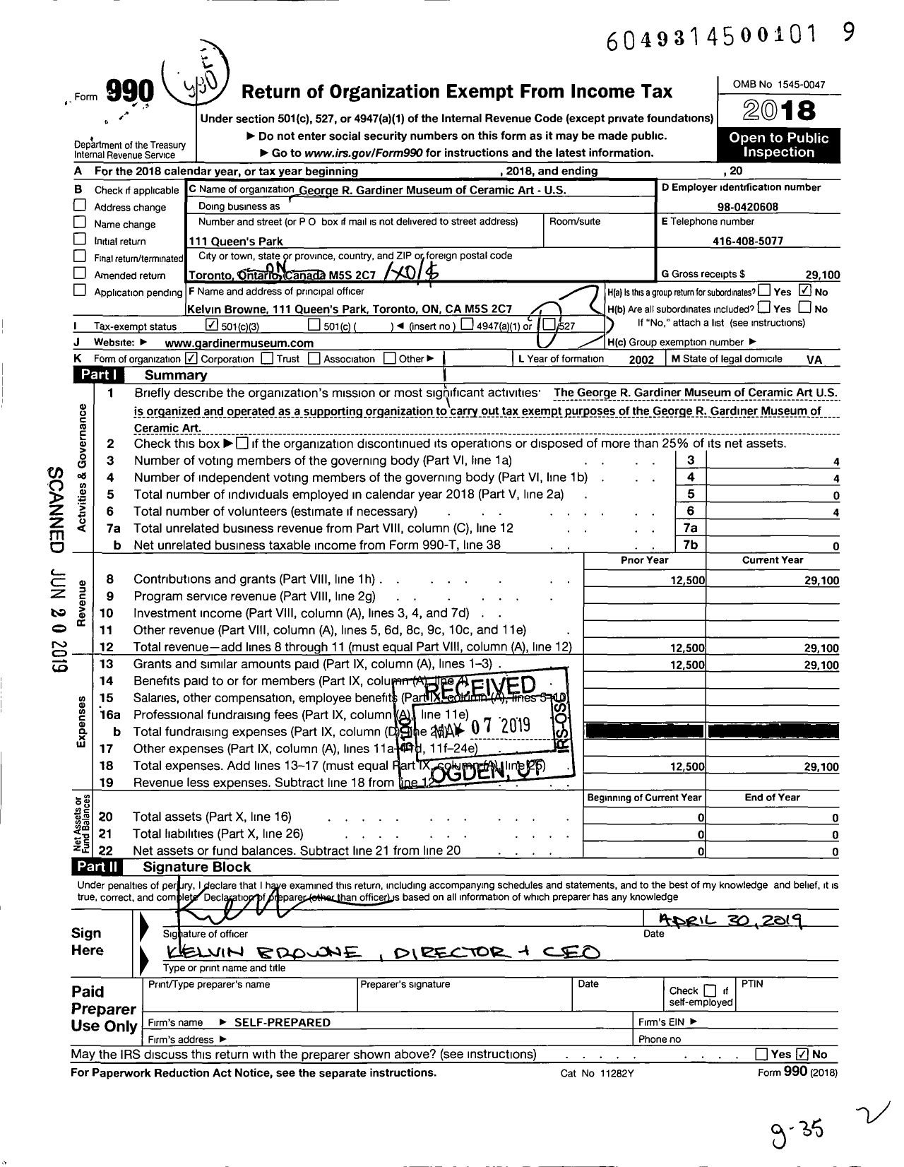 Image of first page of 2018 Form 990 for George R Gardiner Museum of Ceramic Art - US