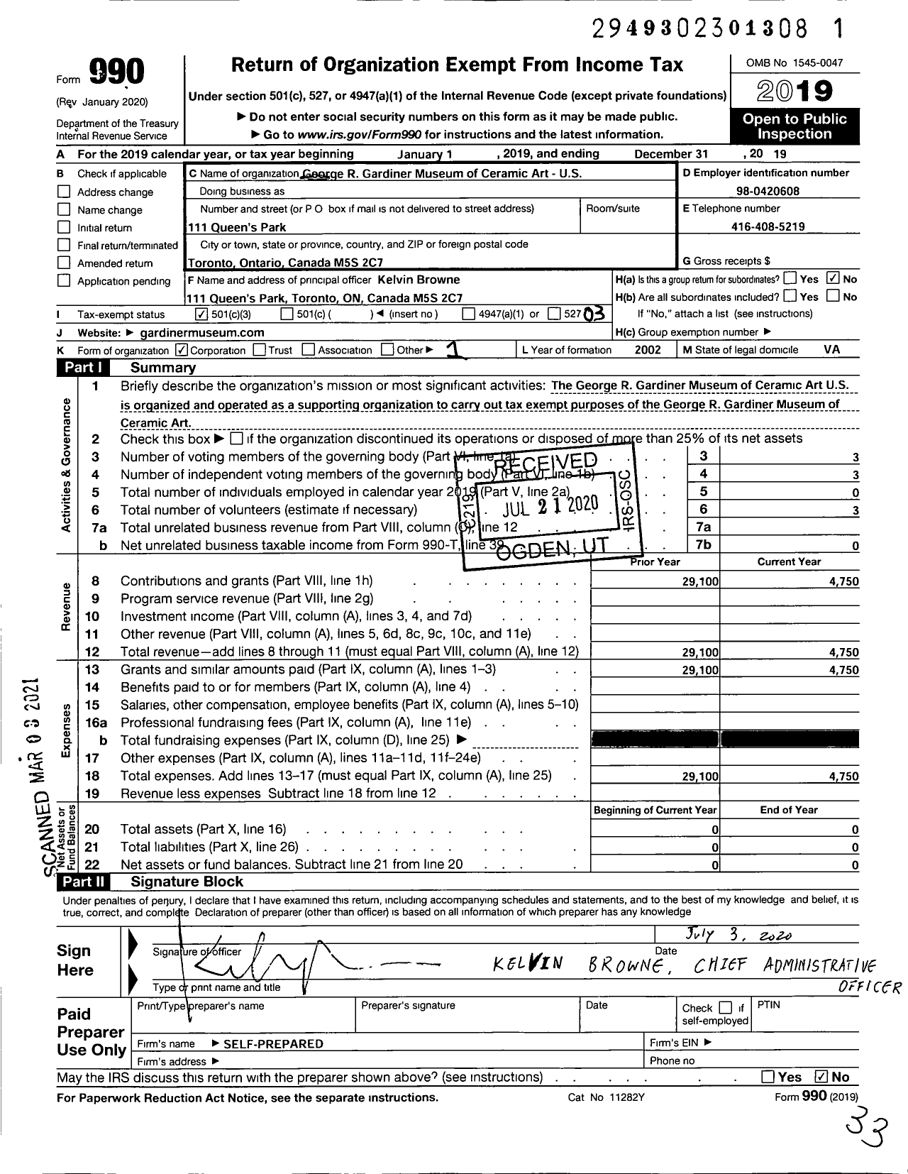 Image of first page of 2019 Form 990 for George R Gardiner Museum of Ceramic Art - US