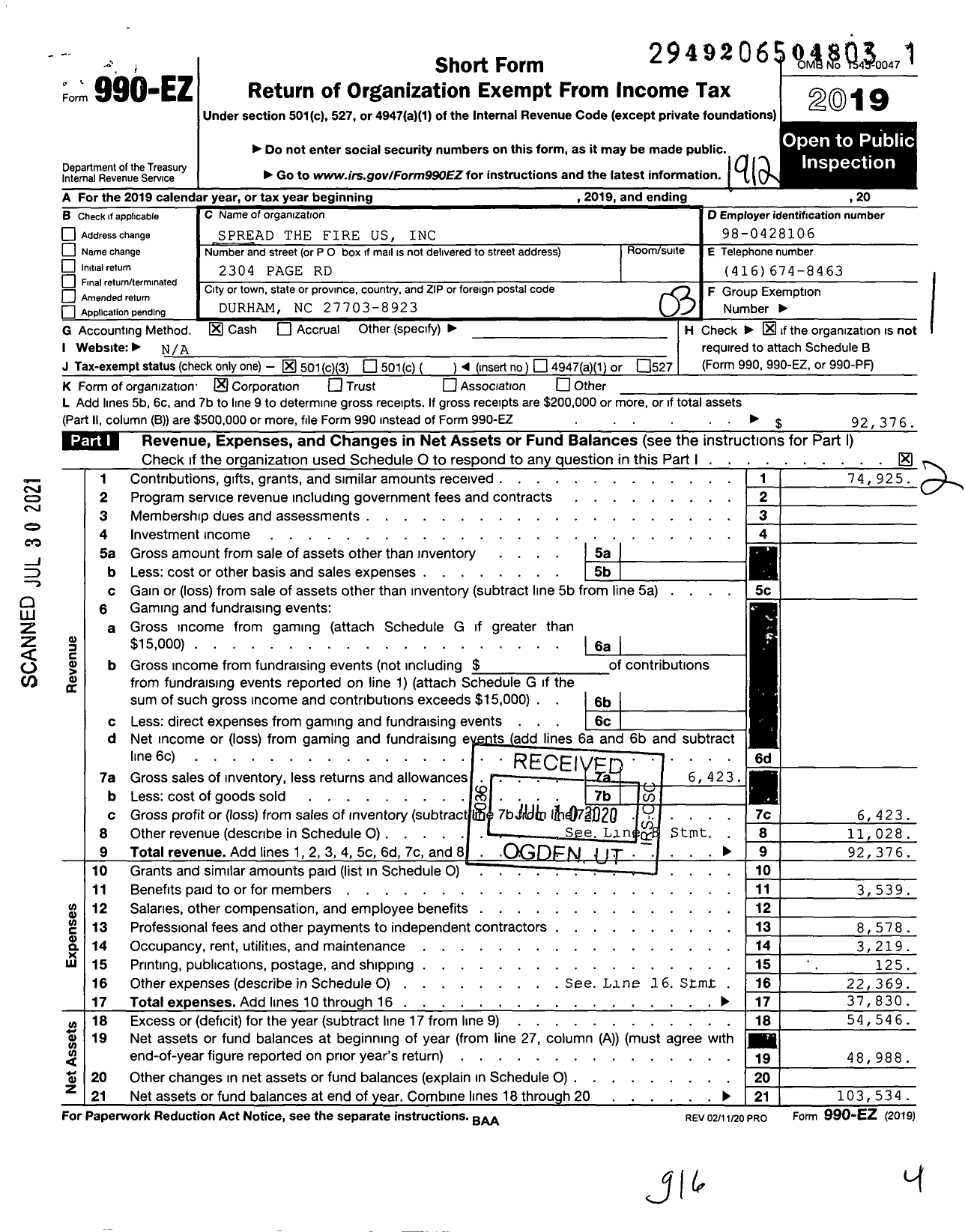 Image of first page of 2019 Form 990EZ for Spread the Fire Us