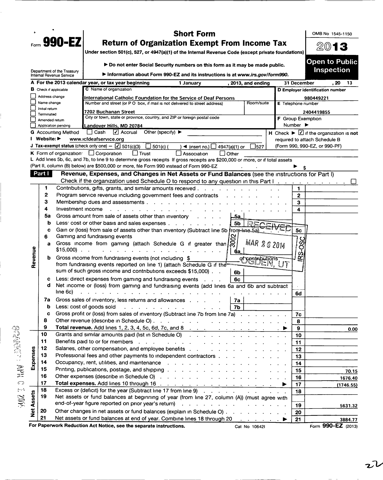 Image of first page of 2013 Form 990EZ for International Catholic Foundation for the Service of Deaf Persons