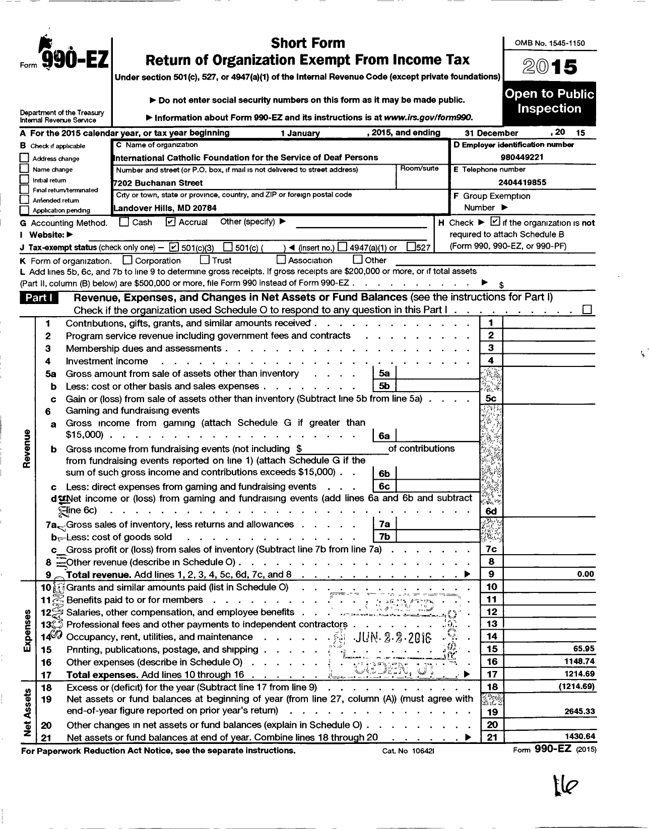 Image of first page of 2015 Form 990EZ for International Catholic Foundation for the Service of Deaf Persons