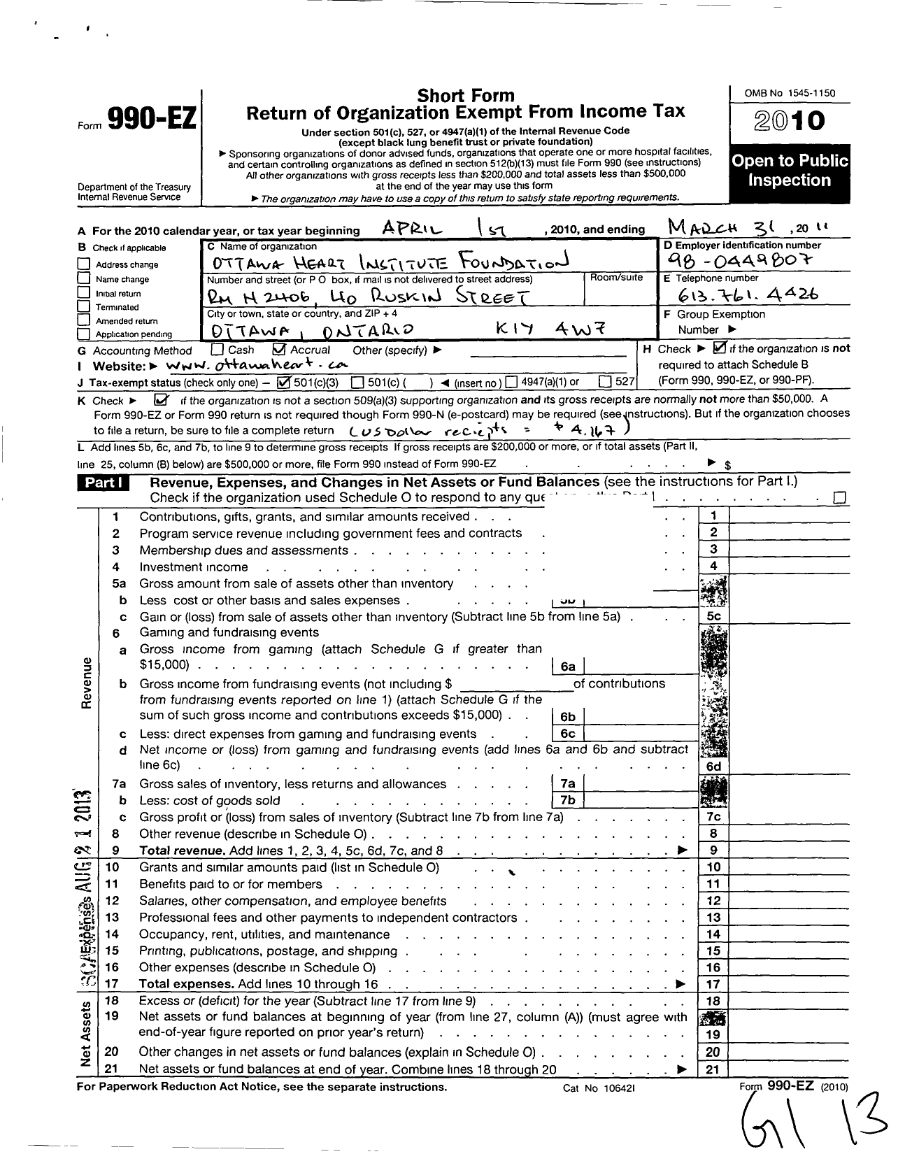 Image of first page of 2010 Form 990EZ for The Ottawa Heart Institution Foundation