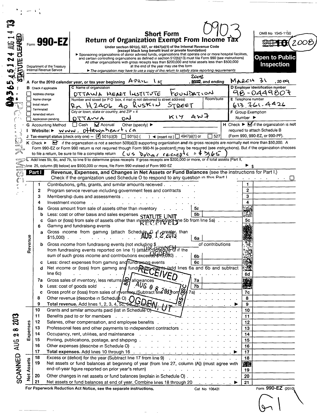 Image of first page of 2008 Form 990EZ for The Ottawa Heart Institution Foundation