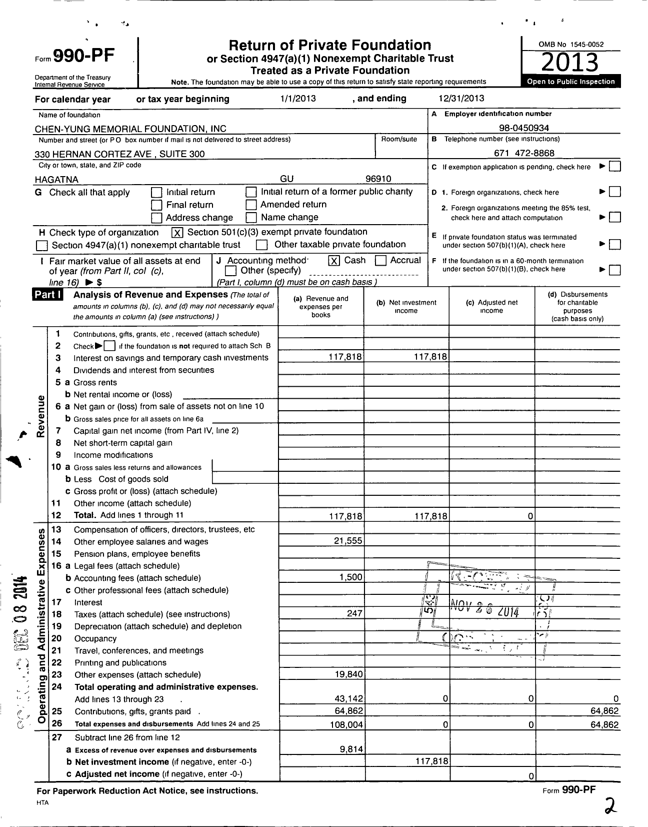 Image of first page of 2013 Form 990PF for Chen-Yung Memorial Foundation