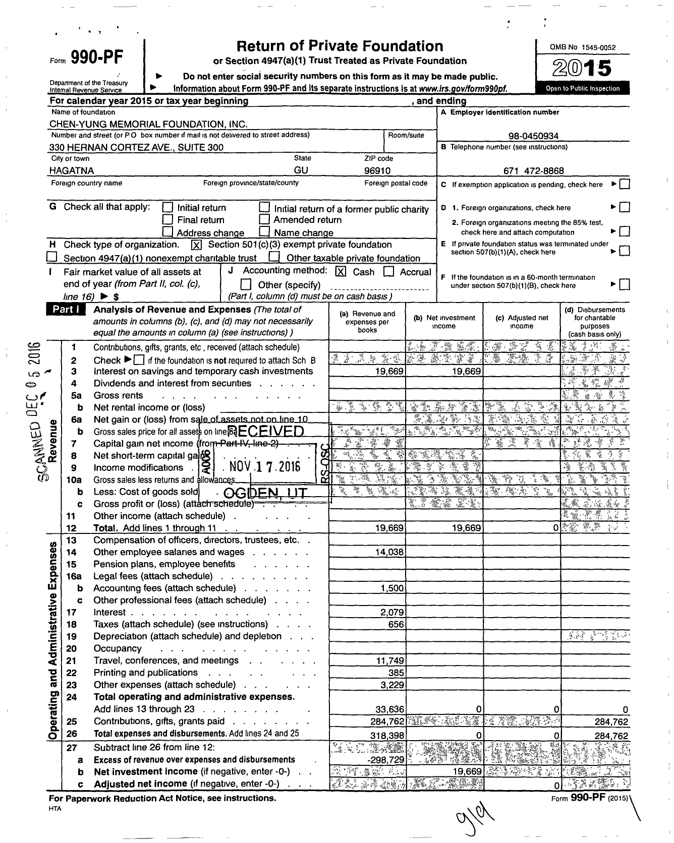 Image of first page of 2015 Form 990PF for Chen-Yung Memorial Foundation