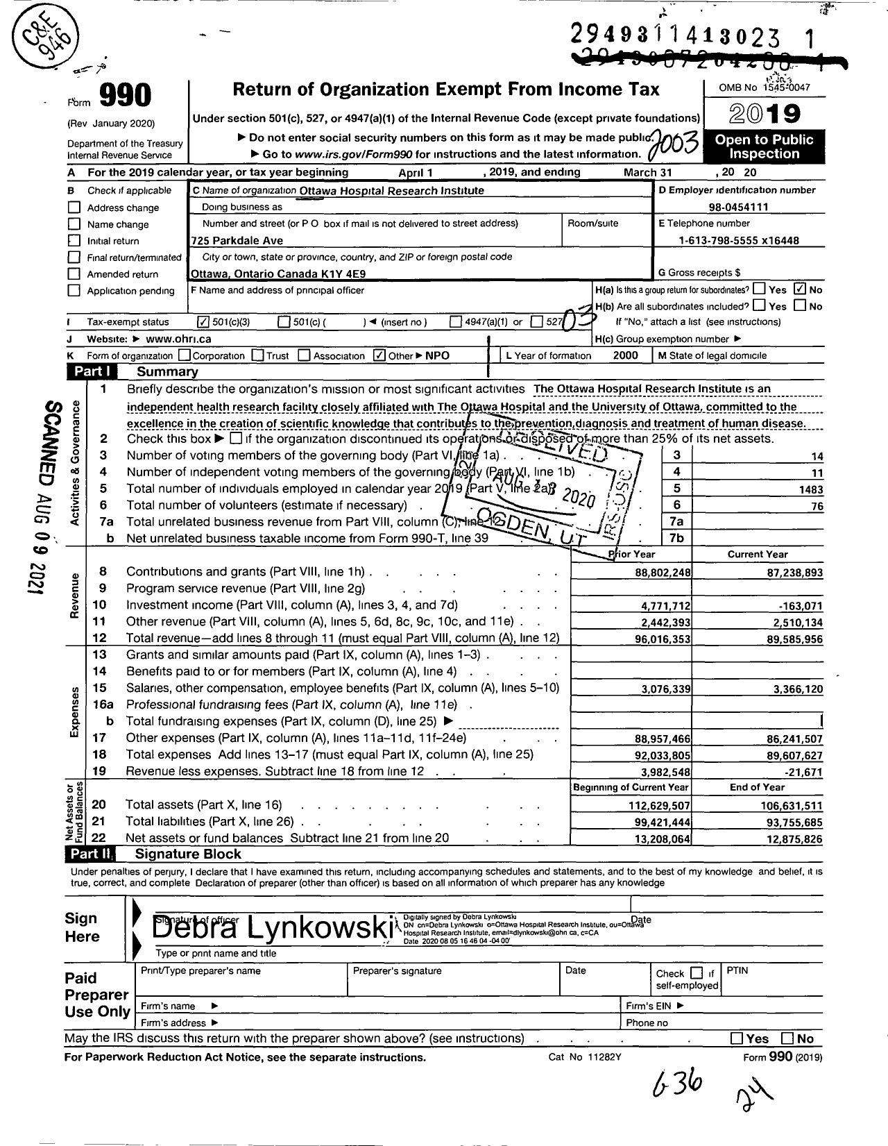 Image of first page of 2019 Form 990 for Ottawa Hospital Research Institute (OHRI)