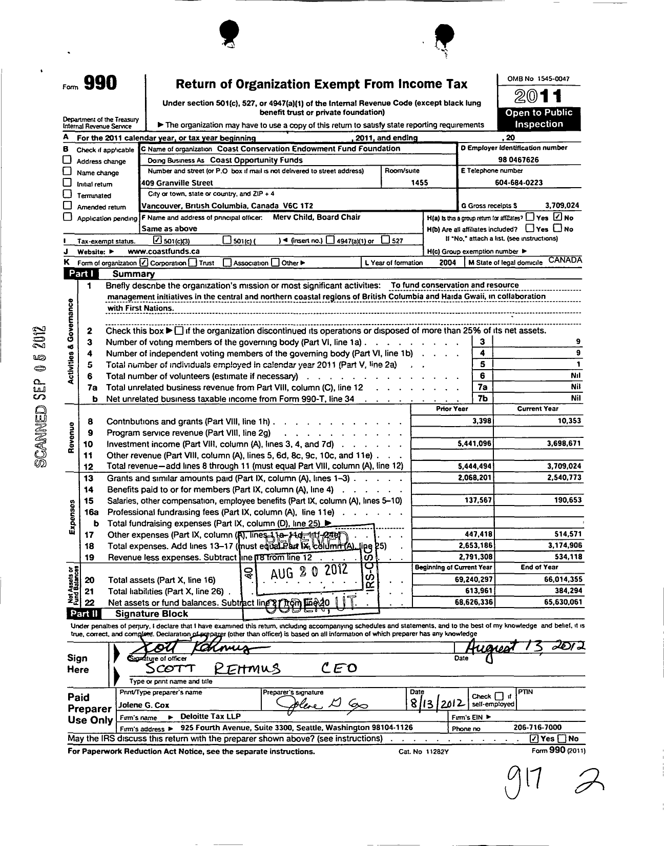 Image of first page of 2011 Form 990 for Coast Conservation Endowment Fund Foundation