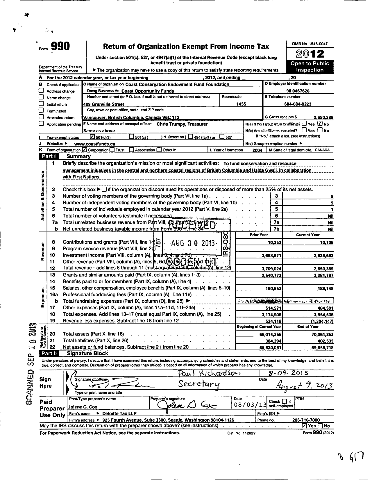 Image of first page of 2012 Form 990 for Coast Conservation Endowment Fund Foundation