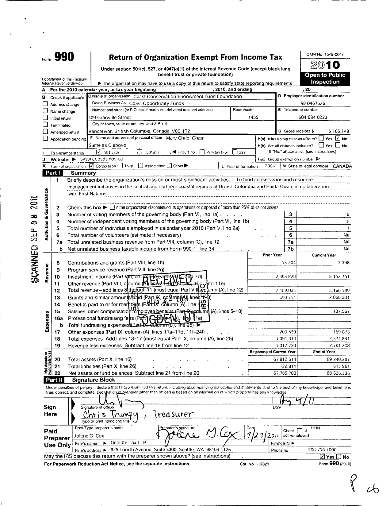 Image of first page of 2010 Form 990 for Coast Conservation Endowment Fund Foundation