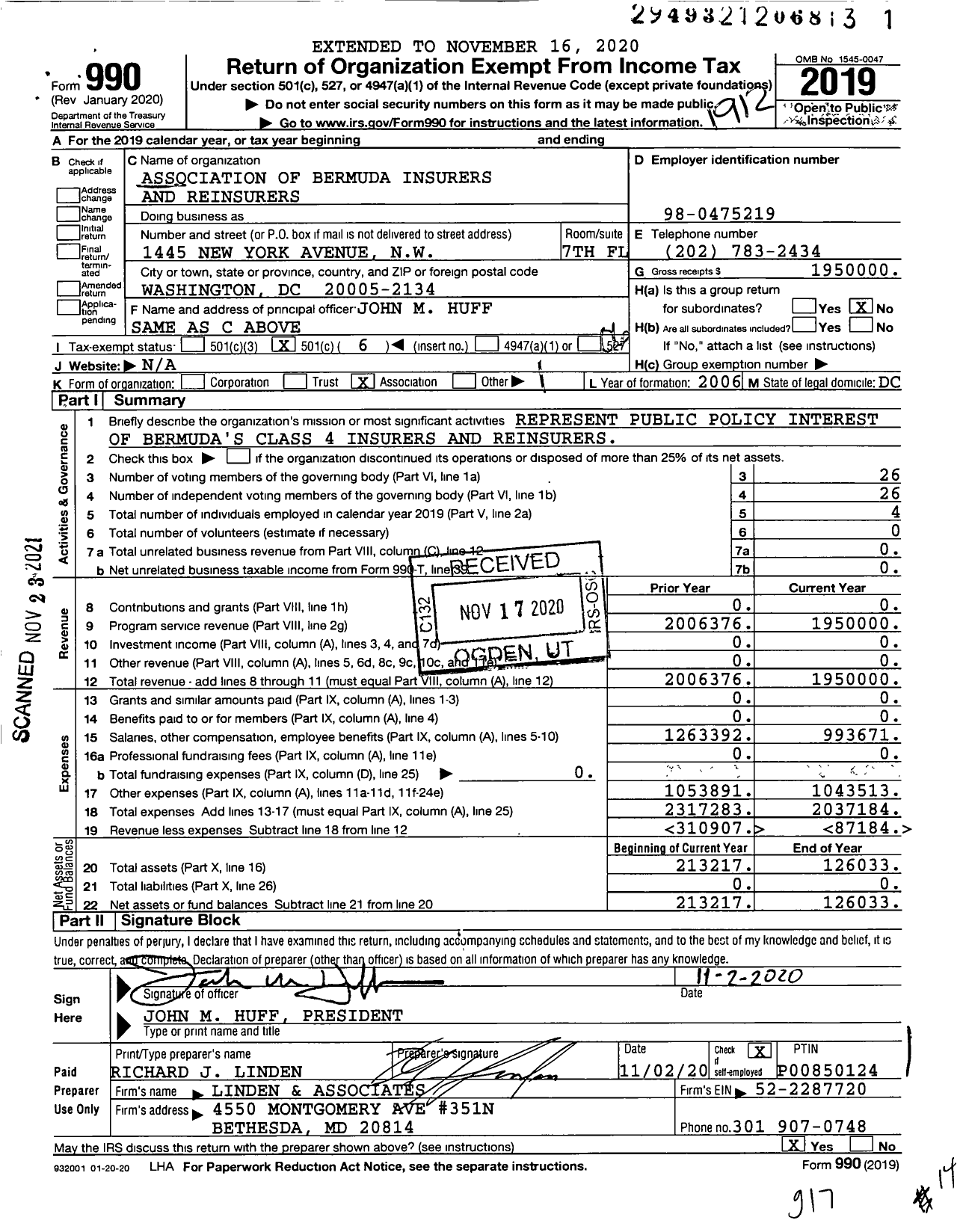 Image of first page of 2019 Form 990O for Association of Bermuda Insurers and Reinsurers (ABIR)