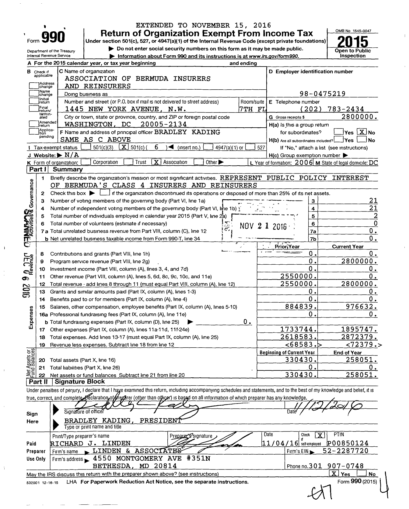Image of first page of 2015 Form 990O for Association of Bermuda Insurers and Reinsurers (ABIR)