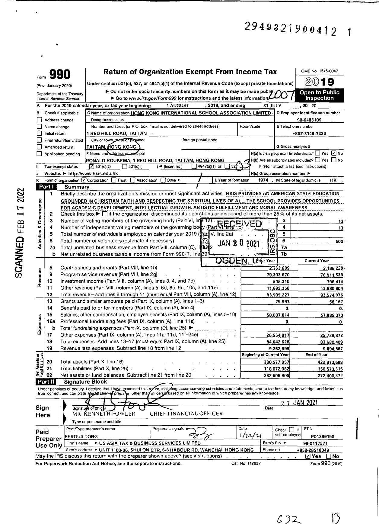 Image of first page of 2019 Form 990 for Hong Kong International School (HKIS)