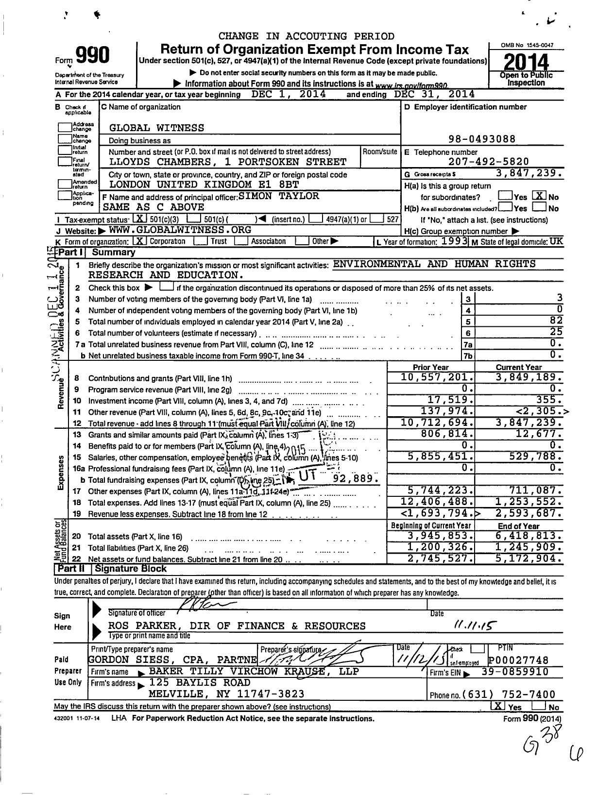 Image of first page of 2014 Form 990 for Global Witness