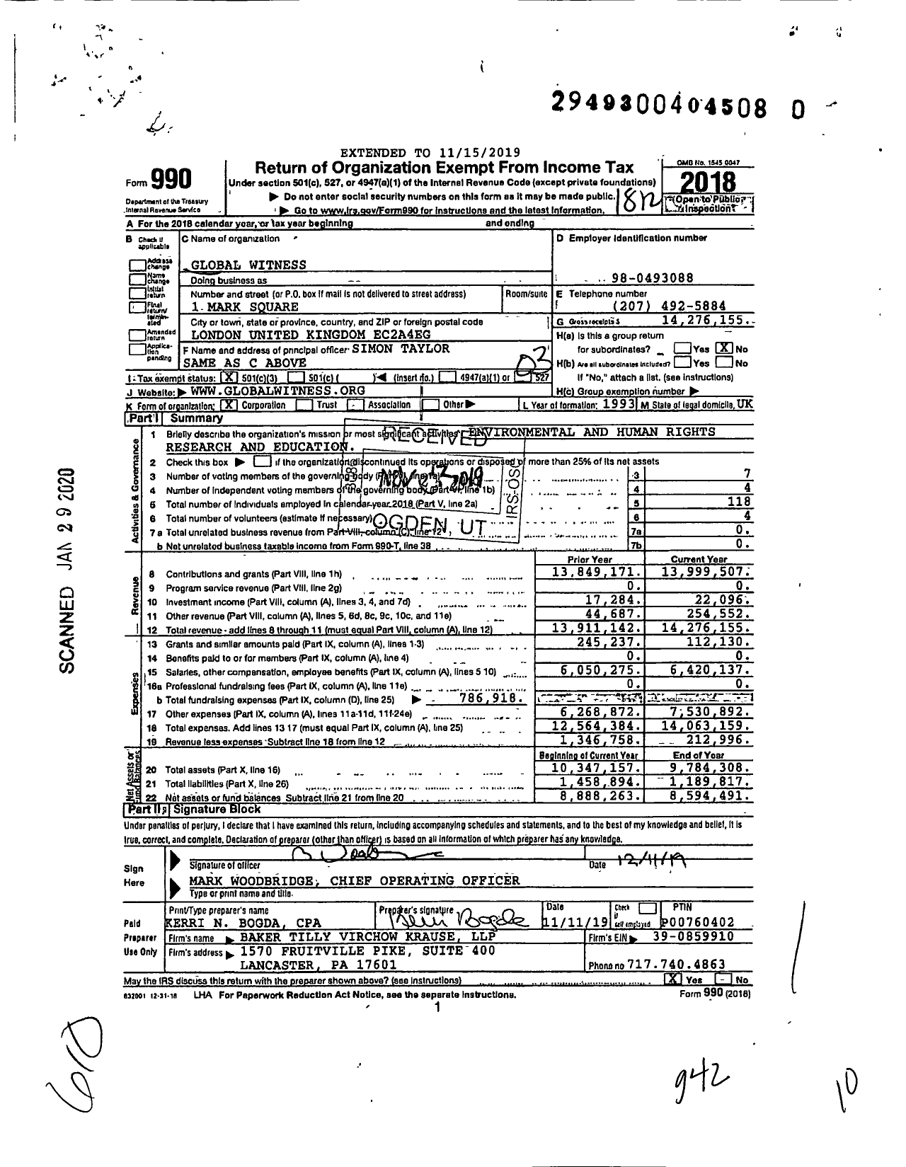 Image of first page of 2018 Form 990 for Global Witness