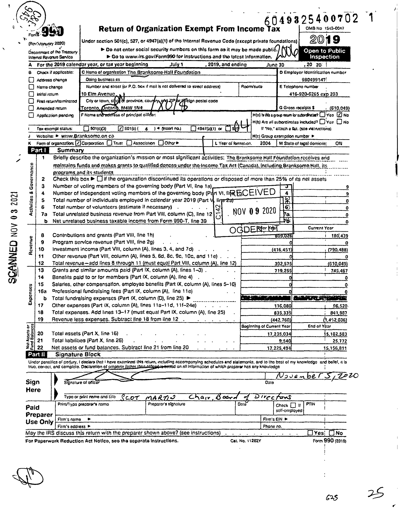 Image of first page of 2019 Form 990O for The Branksome Hall Foundation