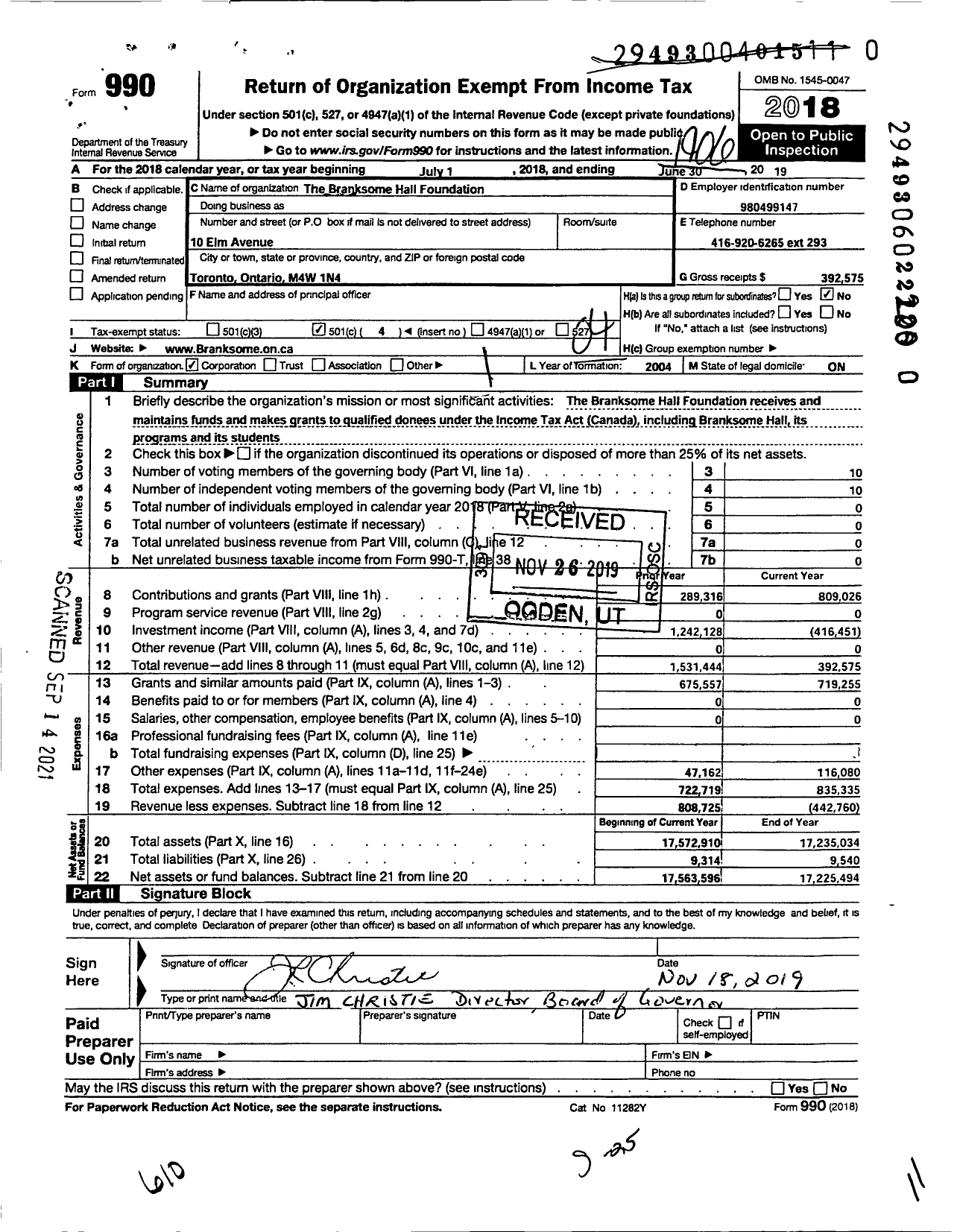 Image of first page of 2018 Form 990O for The Branksome Hall Foundation