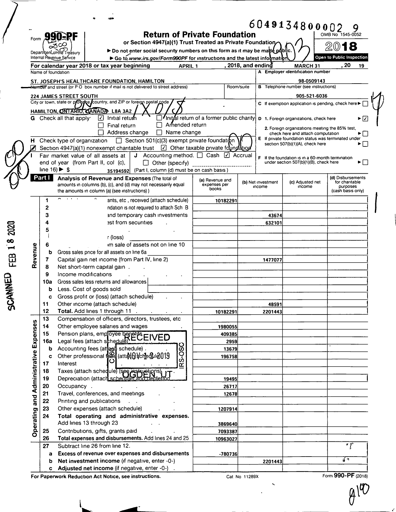 Image of first page of 2018 Form 990PF for St Joseph's Healthcare Foundation Hamilton