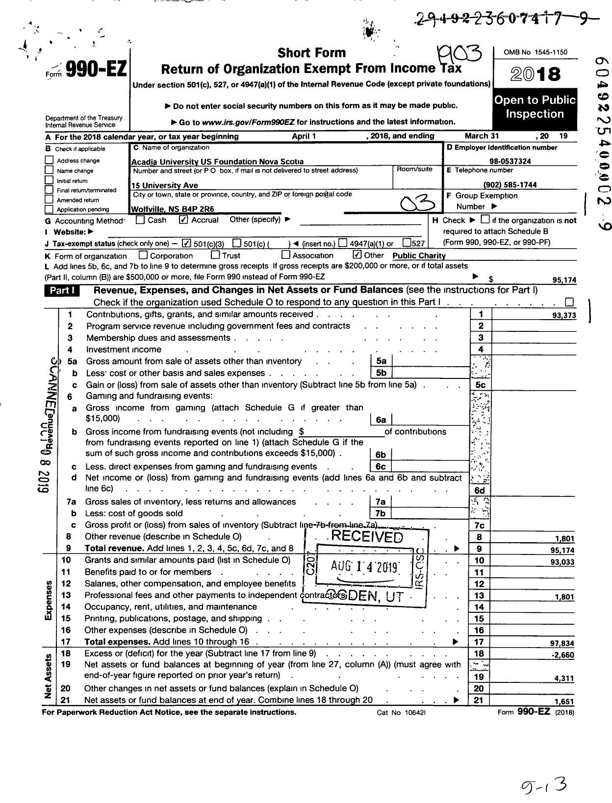 Image of first page of 2018 Form 990EZ for Acadia University Us Foundation Nova Scotia