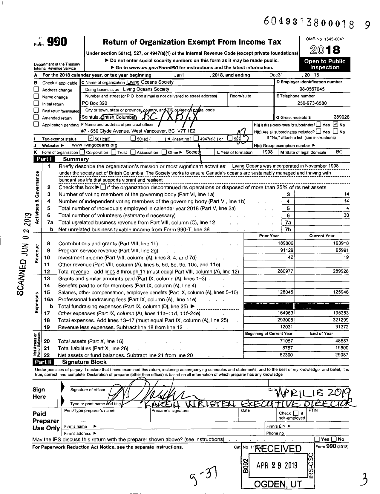 Image of first page of 2018 Form 990 for Living Oceans Society