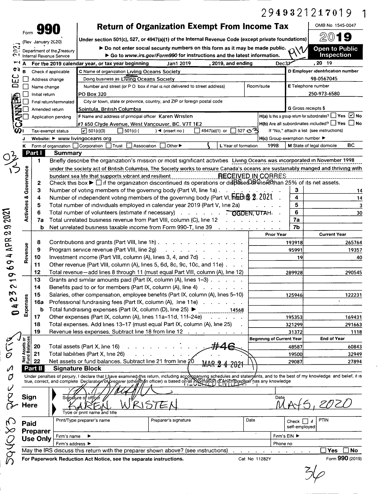 Image of first page of 2019 Form 990 for Living Oceans Society