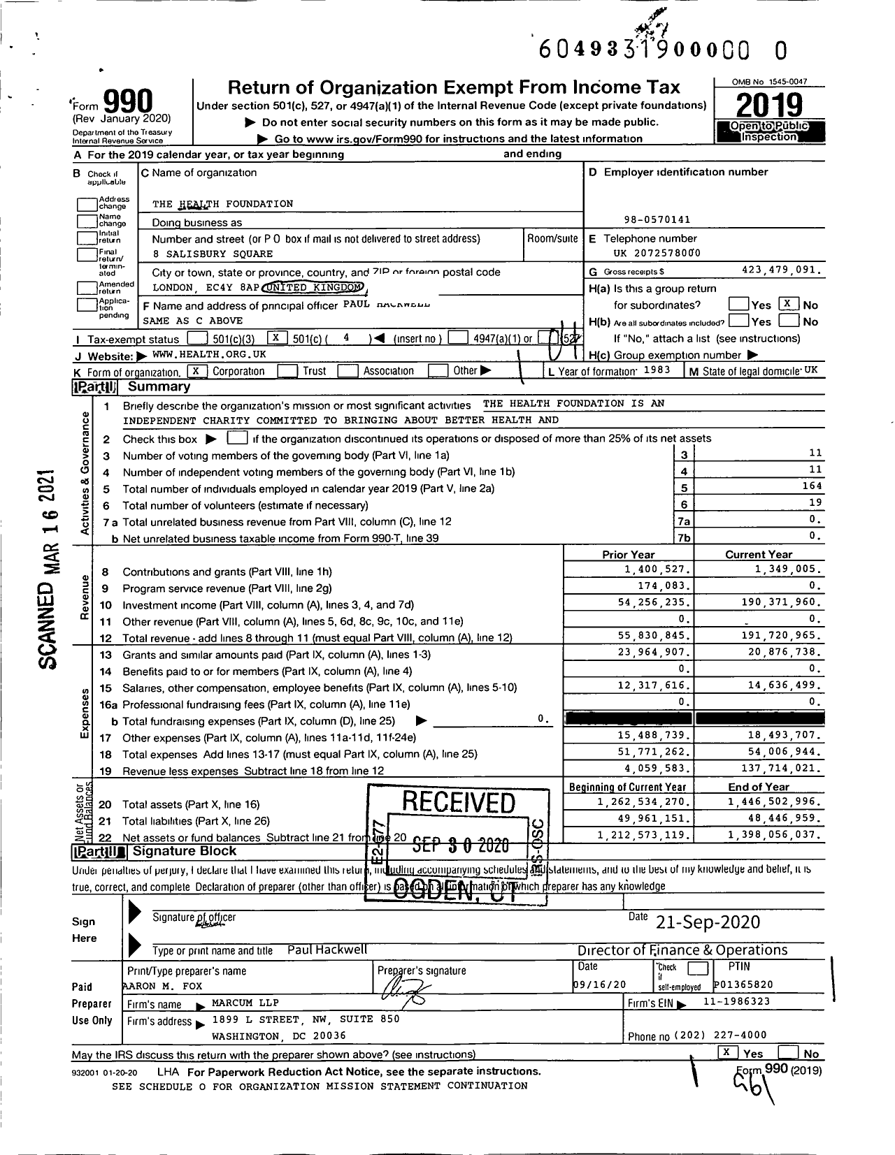 Image of first page of 2019 Form 990O for The Health Foundation