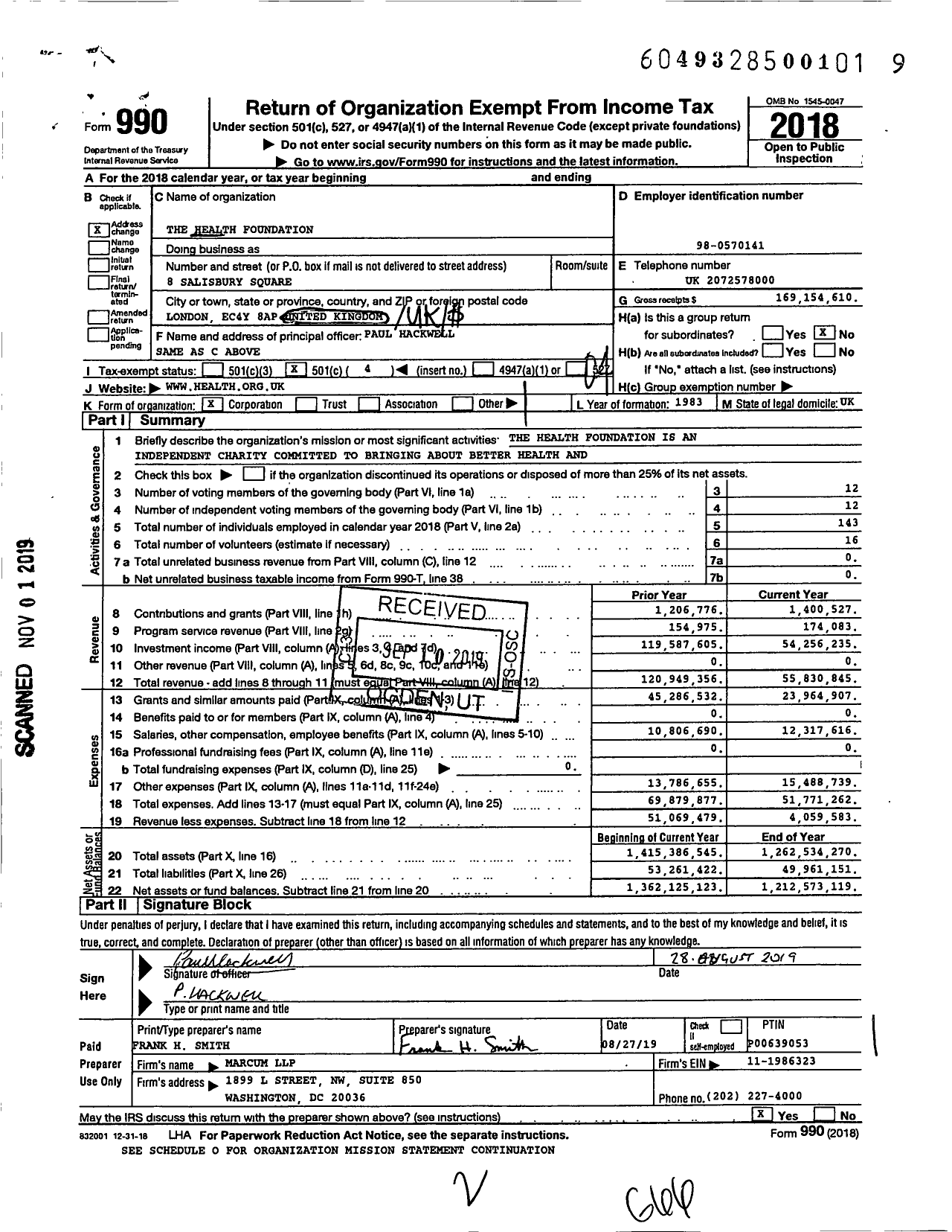 Image of first page of 2018 Form 990O for The Health Foundation