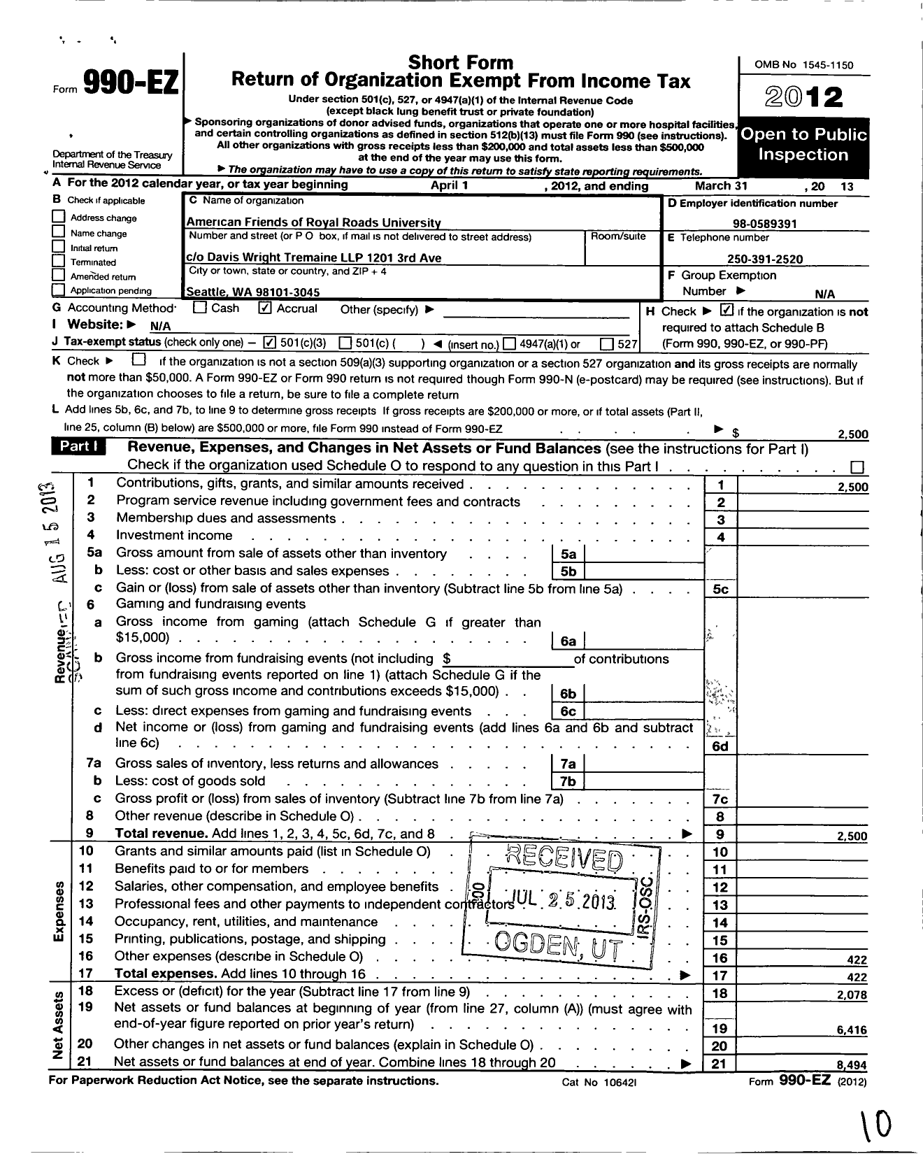 Image of first page of 2012 Form 990EZ for American Friends of Royal Roads University