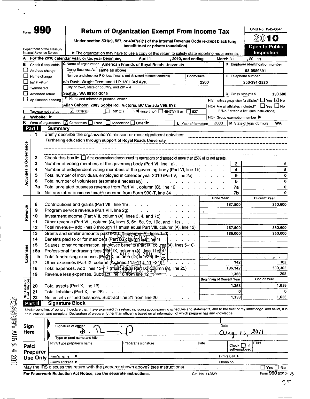 Image of first page of 2010 Form 990 for American Friends of Royal Roads University