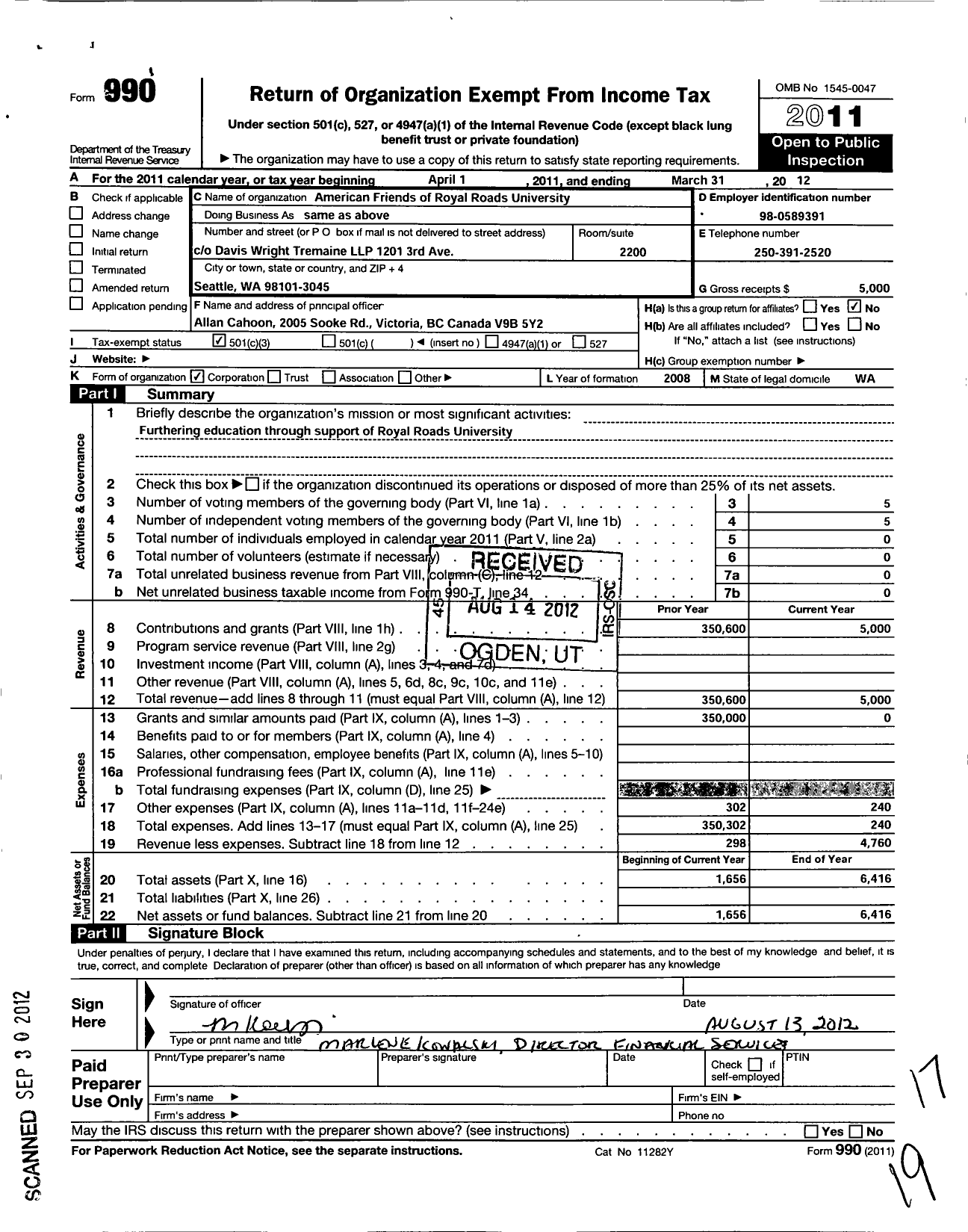 Image of first page of 2011 Form 990 for American Friends of Royal Roads University