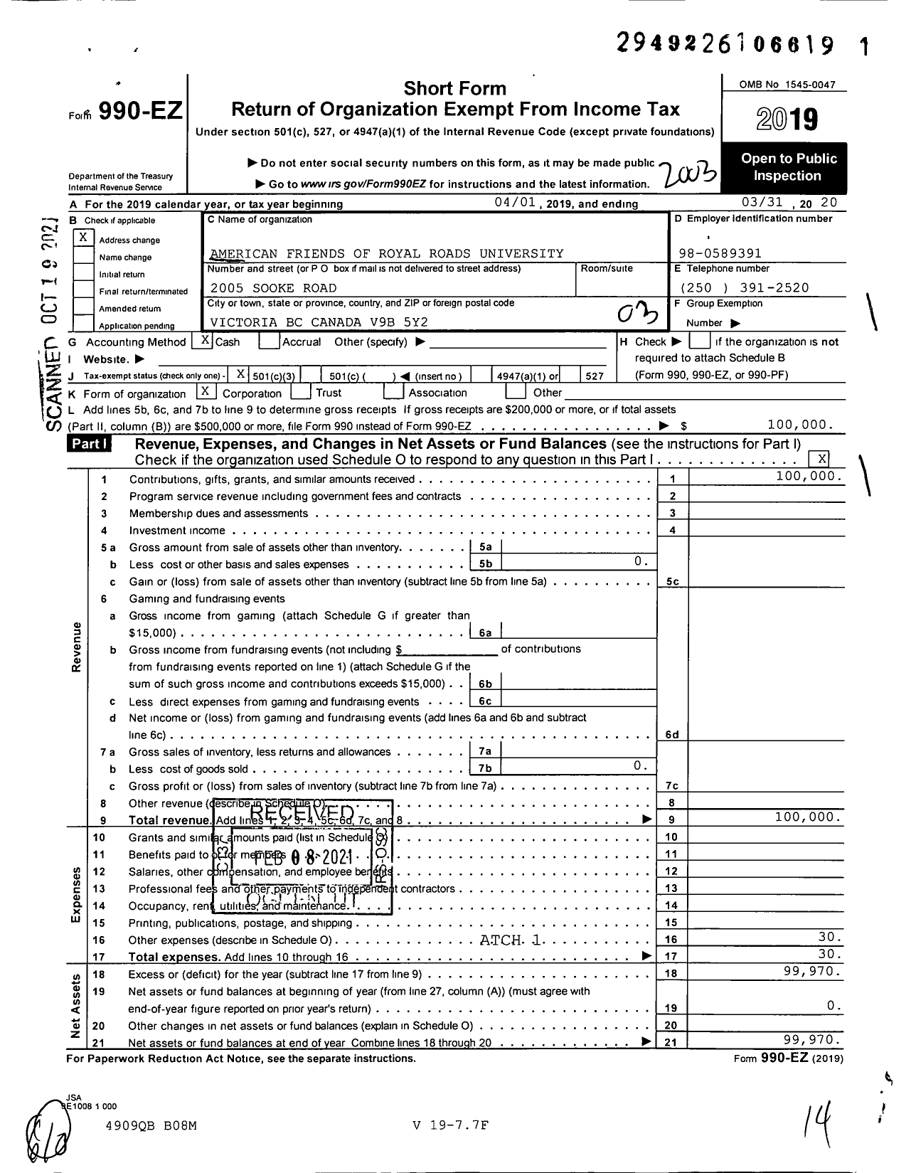 Image of first page of 2019 Form 990EZ for American Friends of Royal Roads University