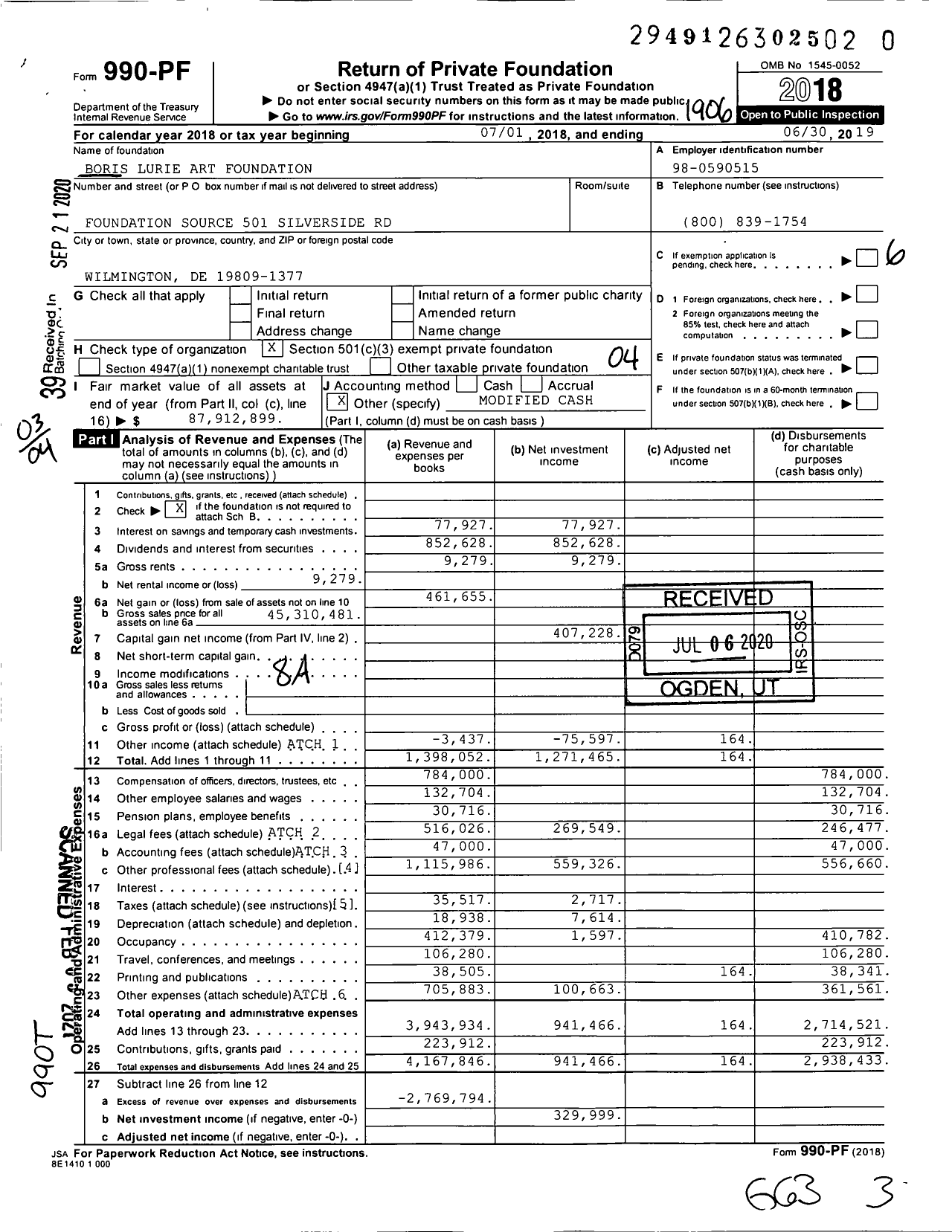 Image of first page of 2018 Form 990PF for Boris Lurie Art Foundation