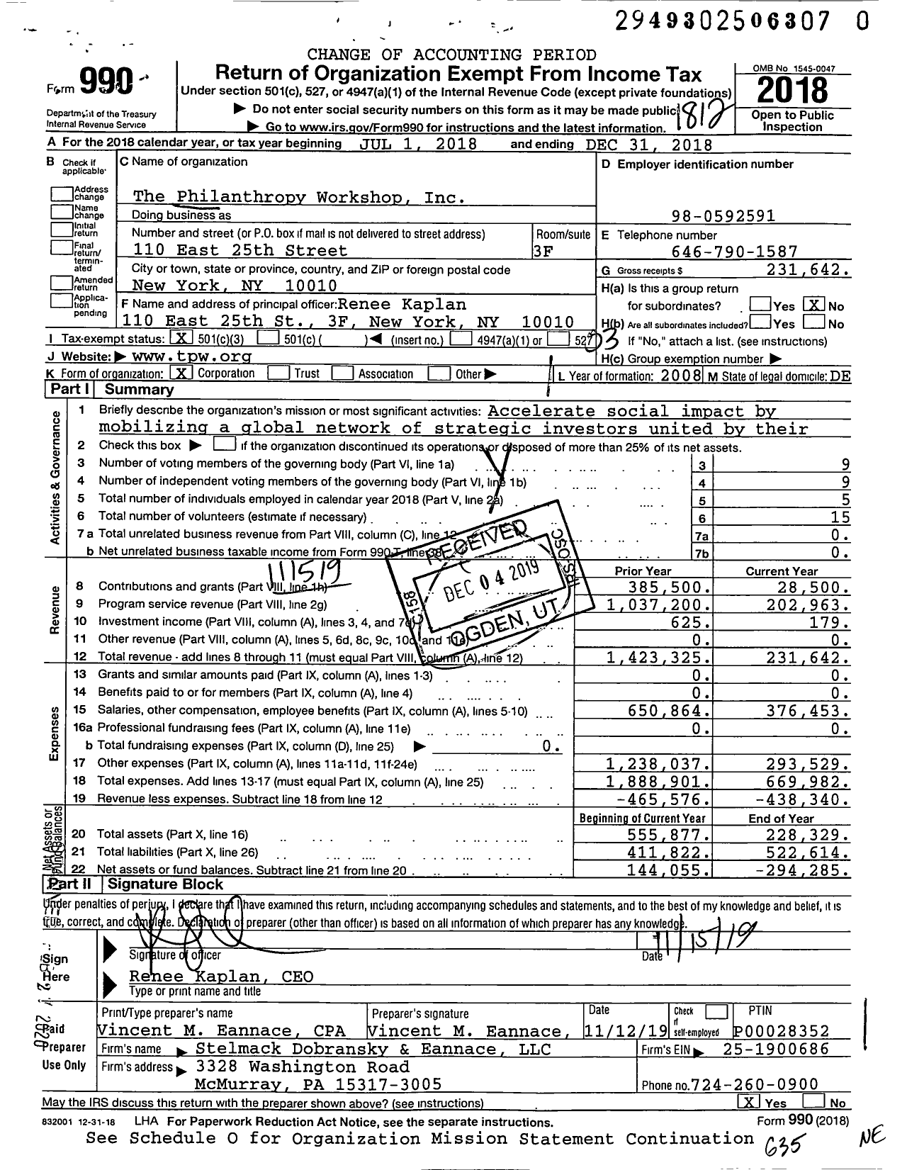 Image of first page of 2018 Form 990 for Philanthropy Workshop (TPW)