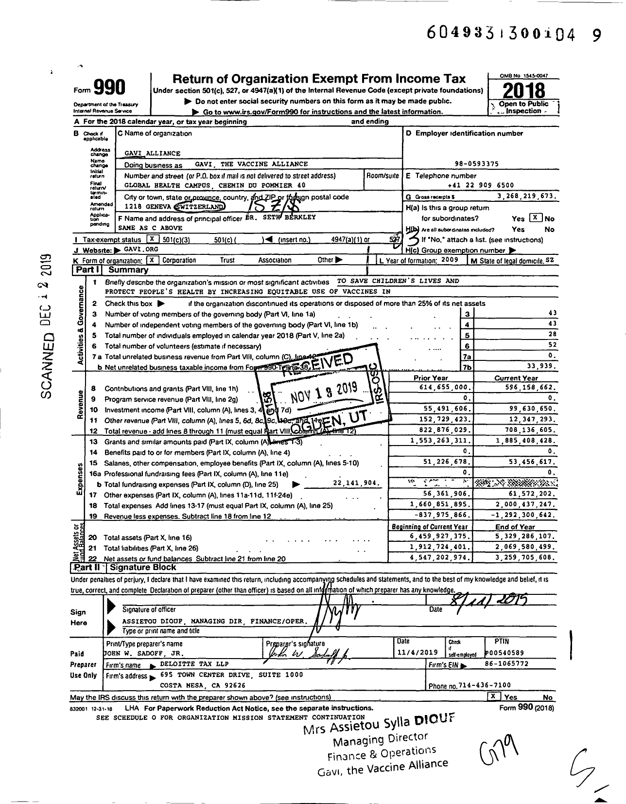 Image of first page of 2018 Form 990 for Gavi the Vaccine Alliance (GAVI)