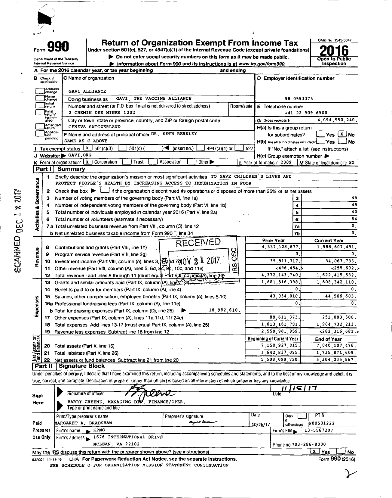 Image of first page of 2016 Form 990 for Gavi the Vaccine Alliance (GAVI)