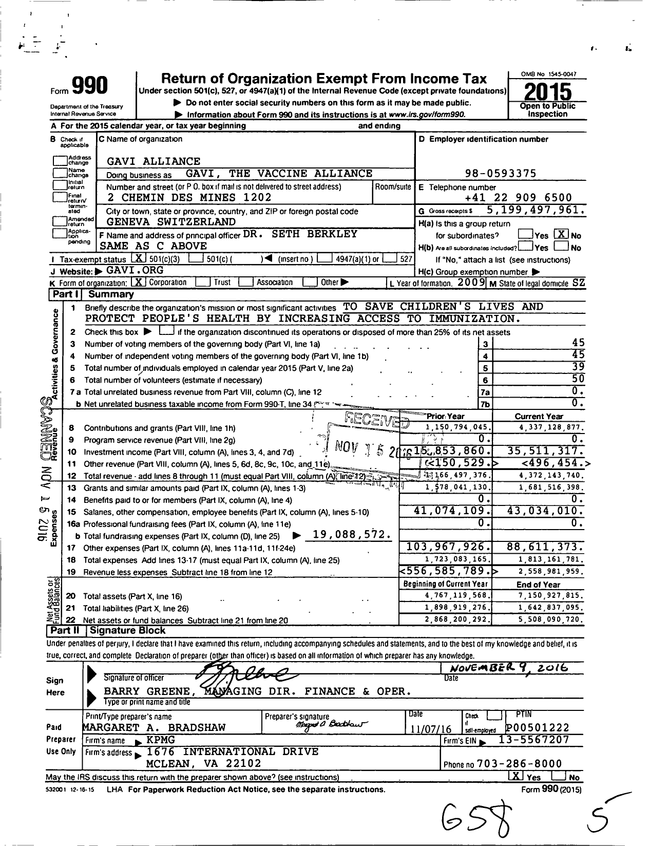 Image of first page of 2015 Form 990 for Gavi the Vaccine Alliance (GAVI)