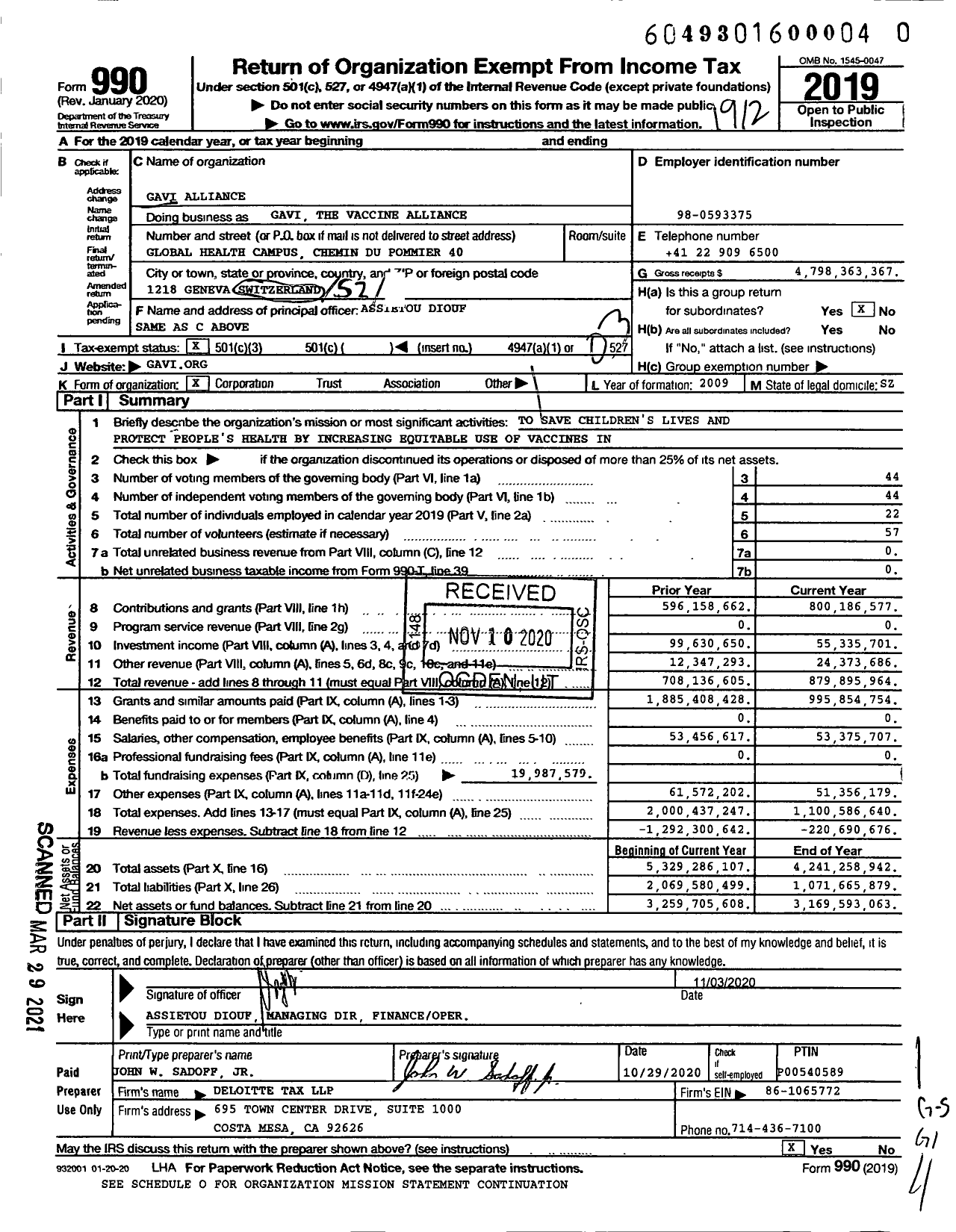 Image of first page of 2019 Form 990 for Gavi the Vaccine Alliance (GAVI)