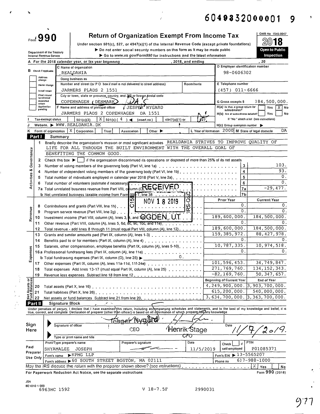 Image of first page of 2018 Form 990O for Realdania