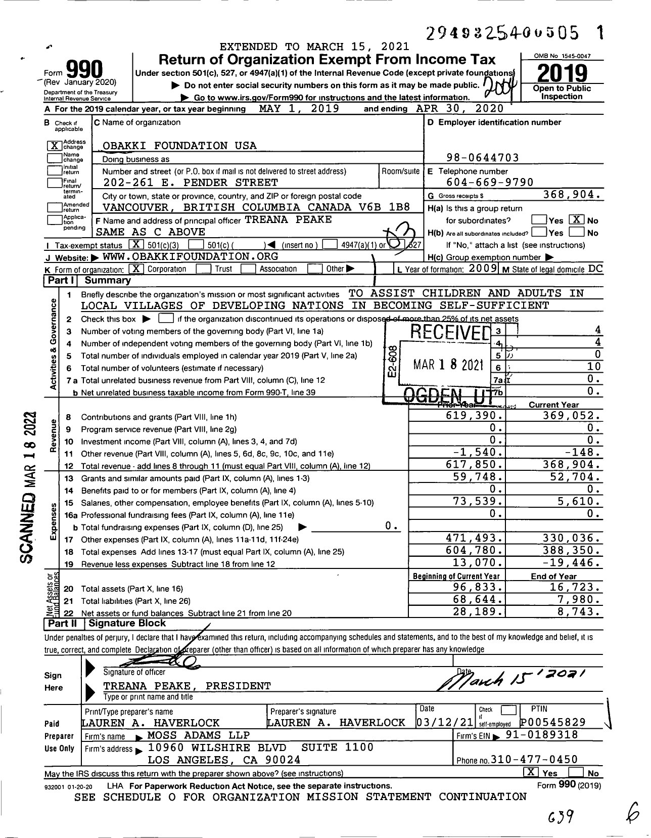 Image of first page of 2019 Form 990 for Obakki Foundation USA