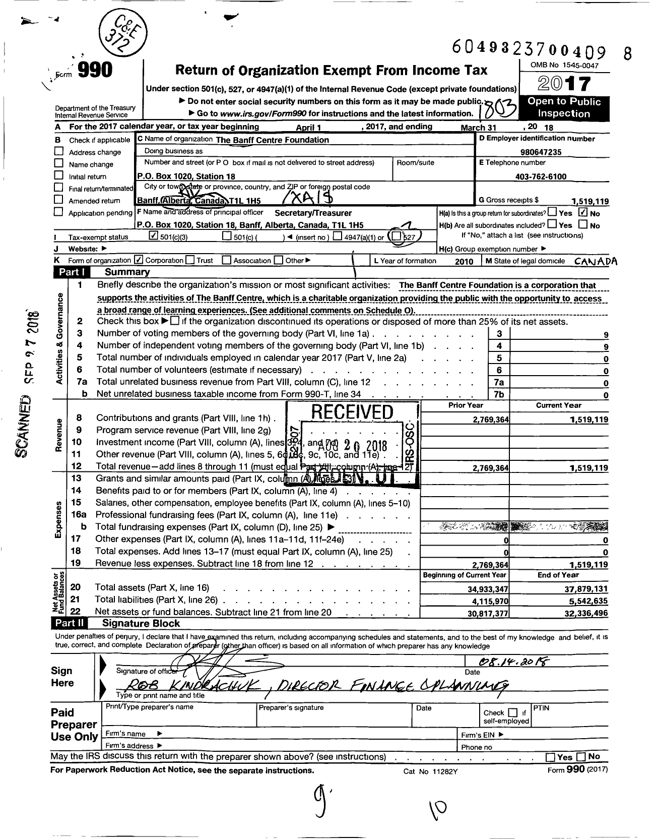 Image of first page of 2017 Form 990 for The Banff Centre Foundation