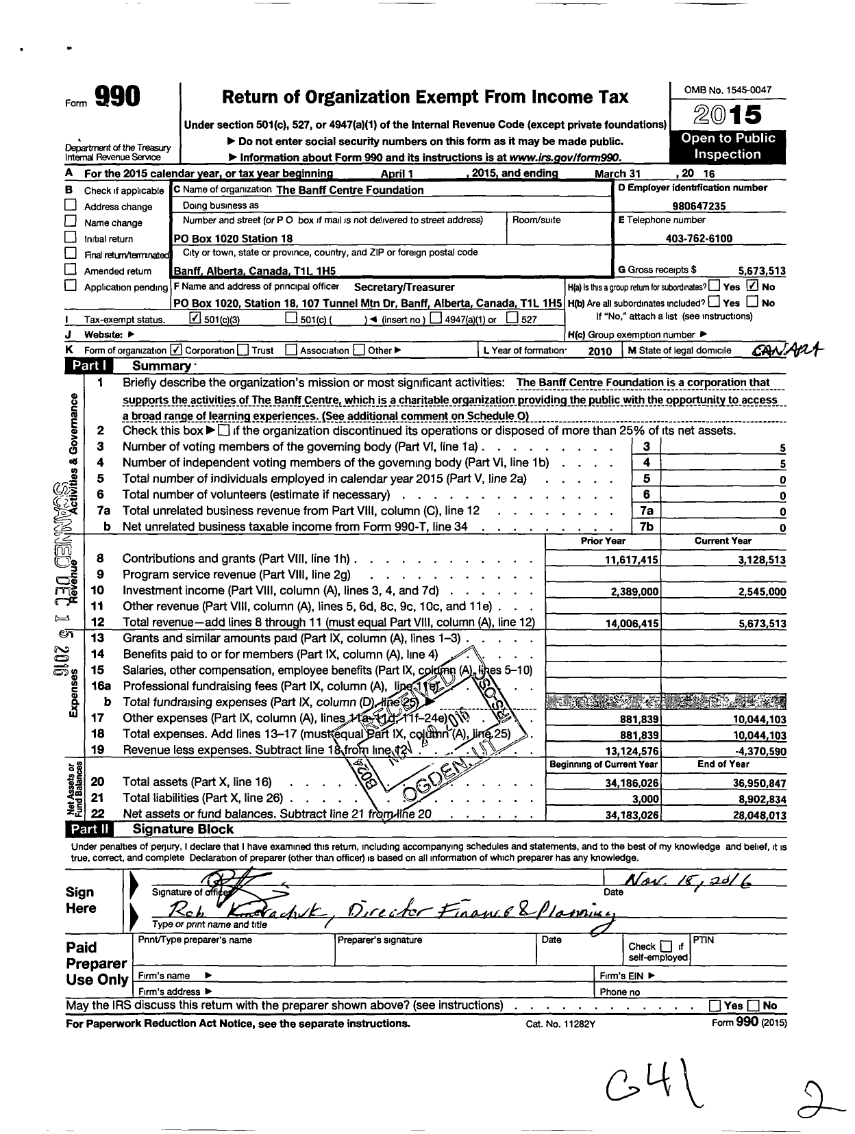 Image of first page of 2015 Form 990 for The Banff Centre Foundation